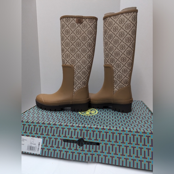 Tory Burch Tall T Monogram Hurricane RainBoots Brown Size: 7 - Picture 1 of 10